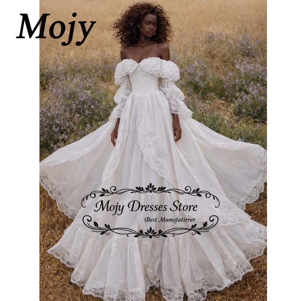 

Mojy Vintage Lace Taffeta Off-shoulder Wedding Dress Ruffled Bridal Gown Floor Length Customized Vestidos Novias Boda Women