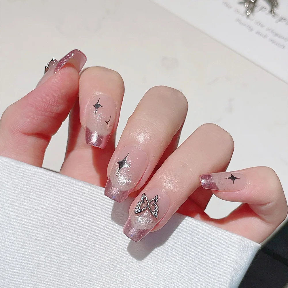 10pcs Short Trapezoid Handmade Press On Nails Kit, Pink Fake Nails, Gentle Romance Wearable Nail Art, Silver Butterfly, Stars