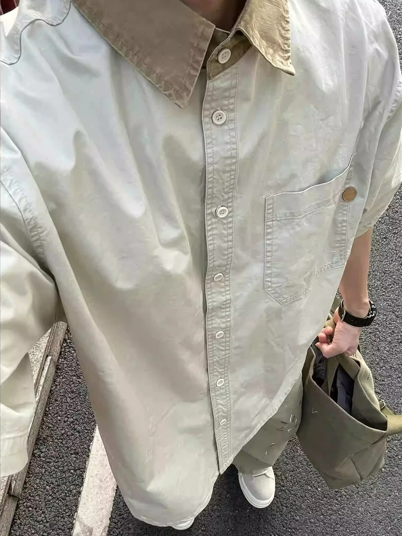 

Retro American irt ort Sve Loose Casual Men's Summer Top Color Blo Workwear Japanese Sle ket Design Versatile
