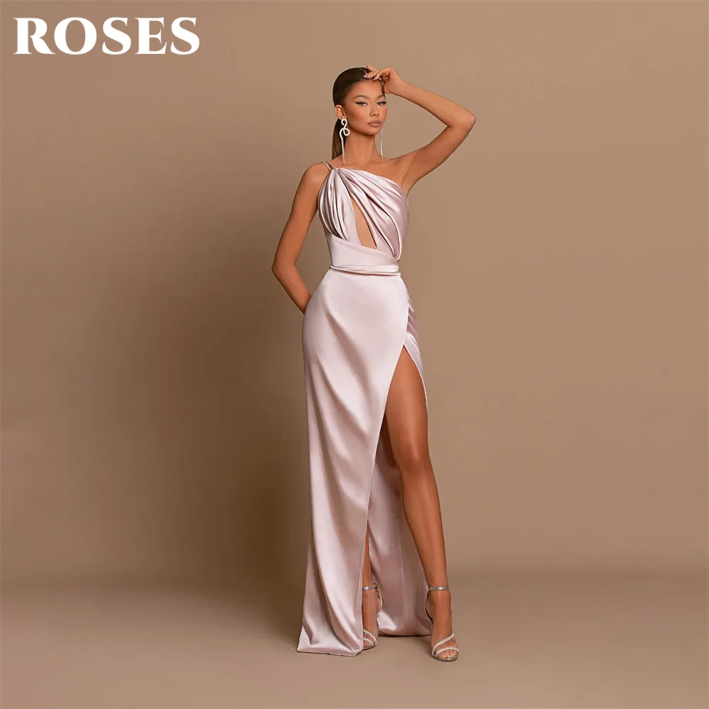 ROSES Side Split Charming Prom Dress Gown Pleat One Shoulder Formal Gown Stain Sleeveless Mermaid Evening Gown vestidos de noche