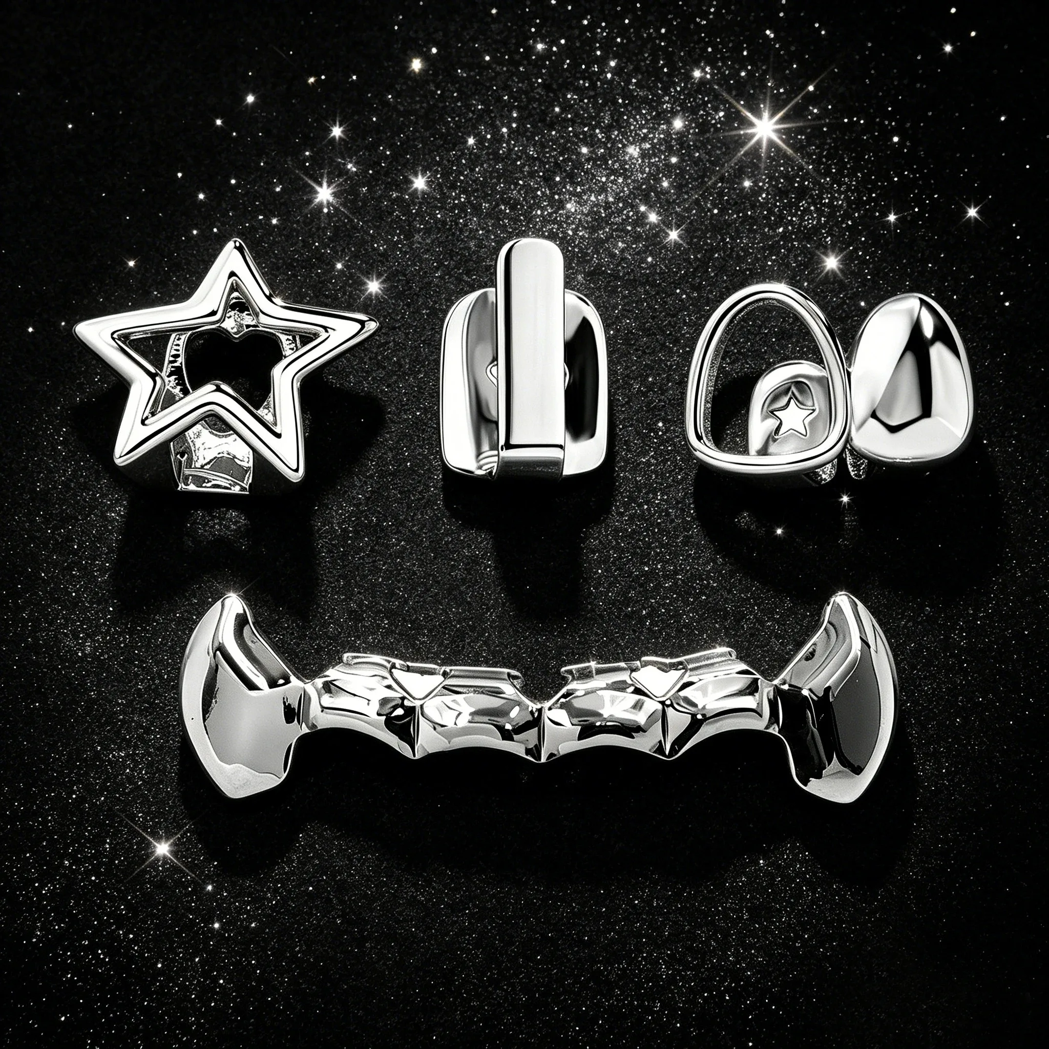 4Pcs Gold Plated Grillz Set Hip Hop Rapper Accessories Hollow Star Open Face Single Tooth Jewelry for Men & Women view 2