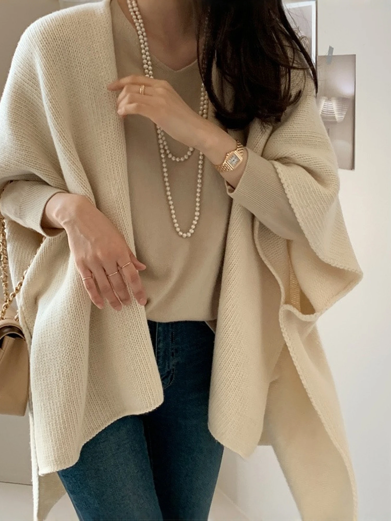 Autumn Winter Thickened Warm Pure Color Knitted Shoulder Wrap Women's Outerwear Cowl Neck Air Conditioned Room Outdoor Coat