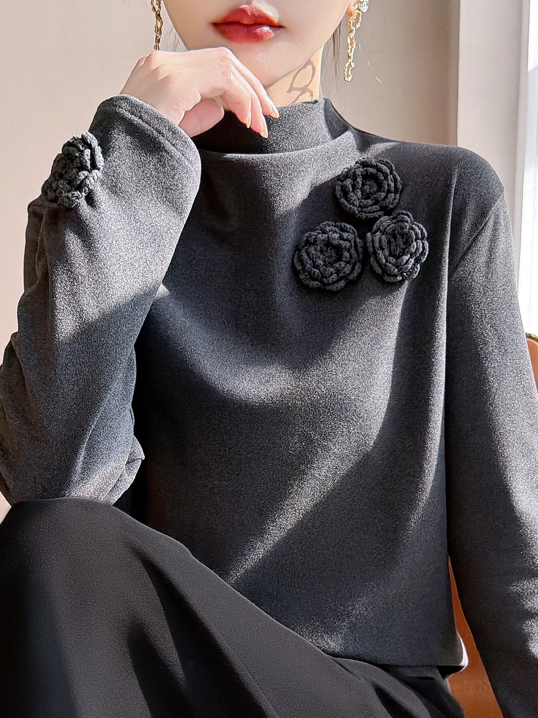 Ele Autunno Inverno Maglione lavorato a maglia da donna Slim Fit High Ne Design floreale 3D Base calda Tessuto morbido in poliestere