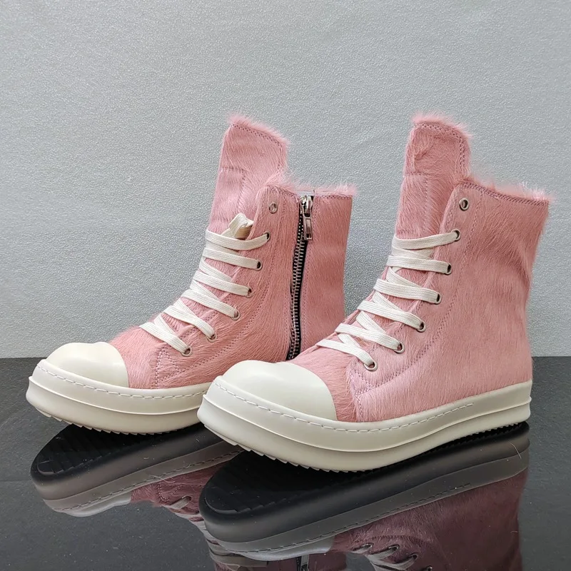 

High Street High-top Shoes with Horsehair Men Women Genuine Leather Height-increasing Casual Shoes