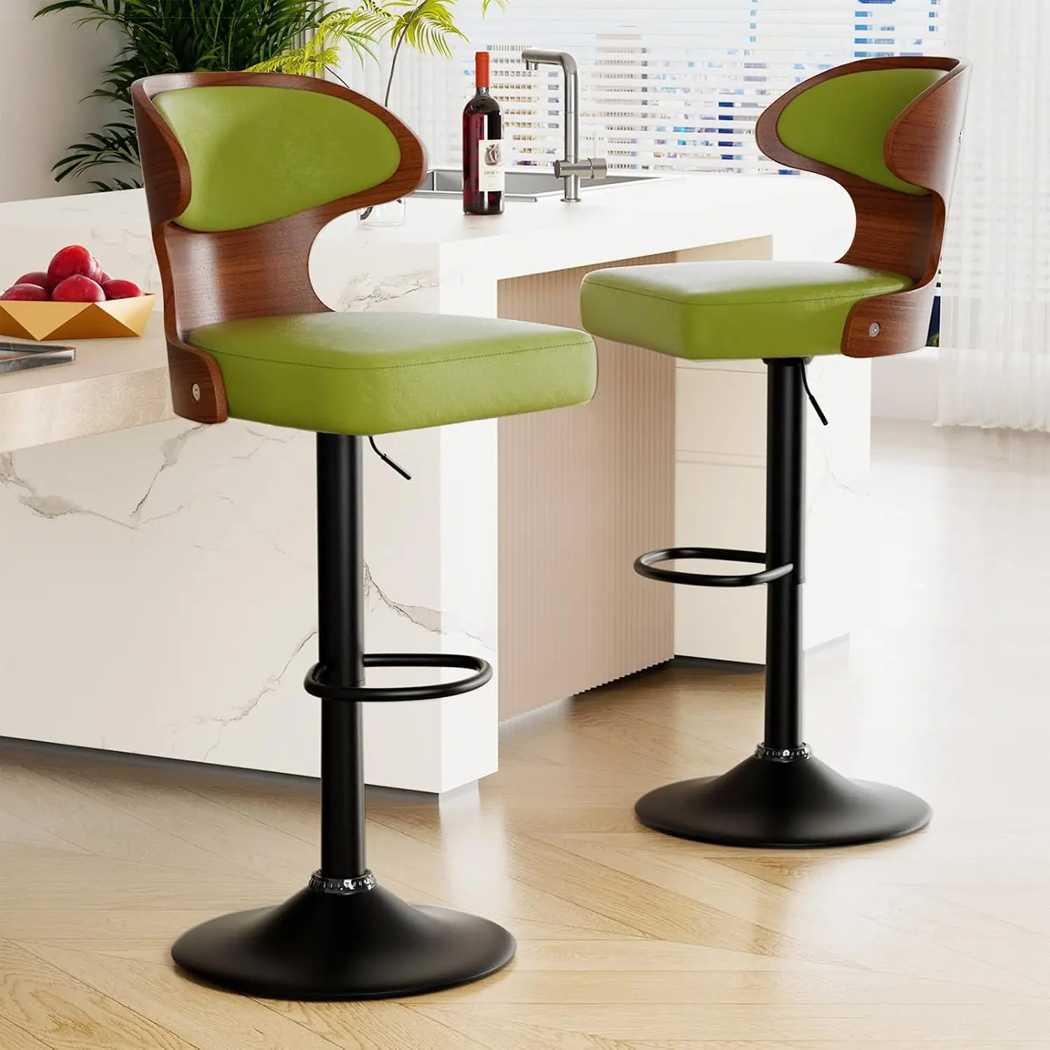 

Swivel Bar Stools Set Of 2 For Kitchen Island, Adjustable Bentwood Swivel Barstool With Ba & Footrest, Pu Leather Upholstered