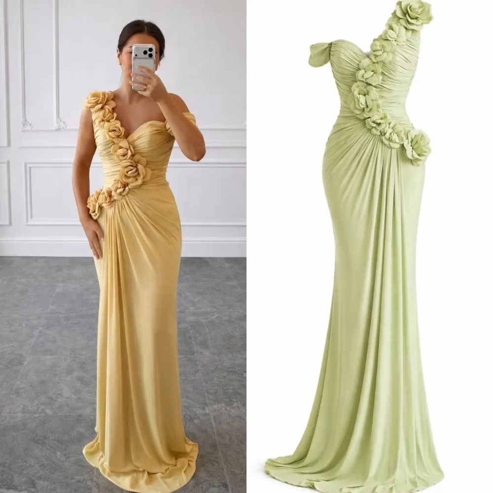 Customized 3D Flowers One Shoulder Mermaid Evening Dress Gold Mint Green Prom Gowns Sheath Pleats Wedding Party Mother Gowns