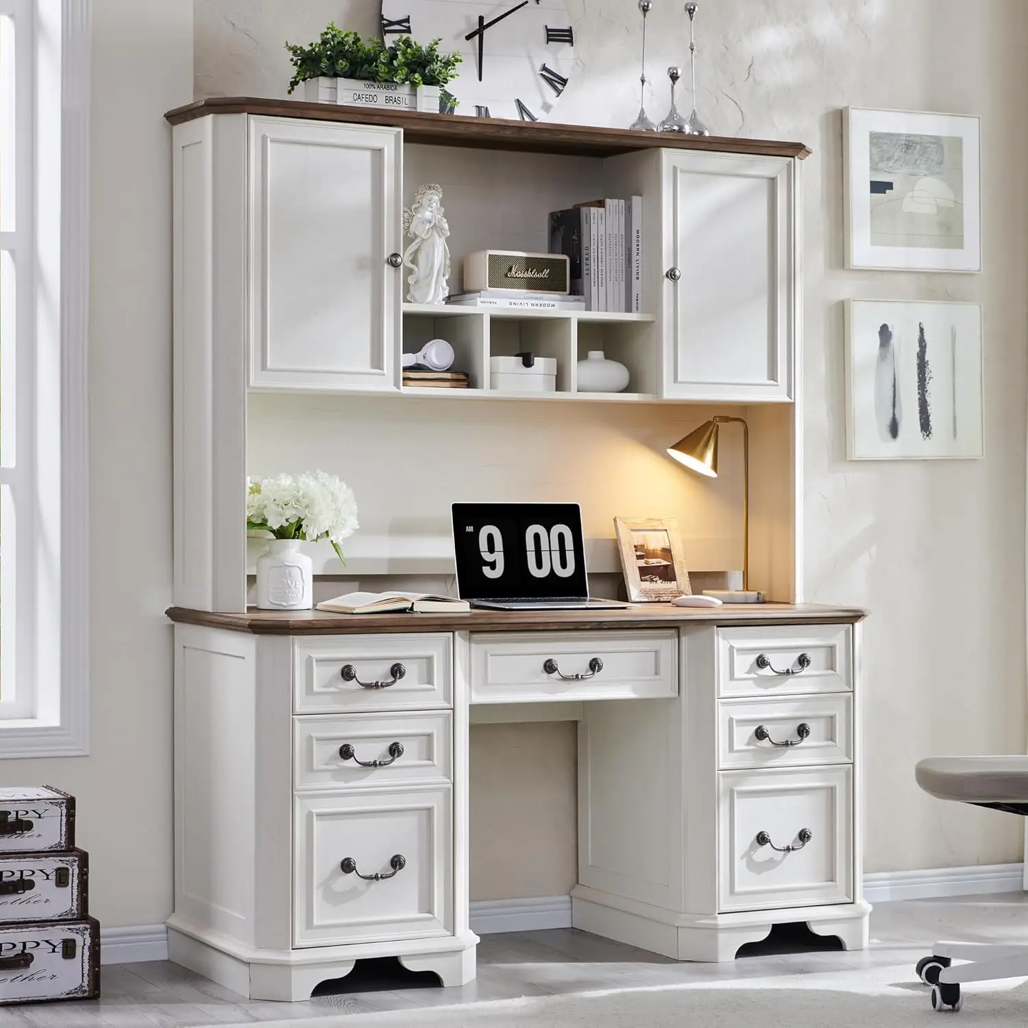 

59" Farmhouse Executive Desk with Hutch,Wood Home Office Computer Desk, Featuring Keyboard Tray,ustomized