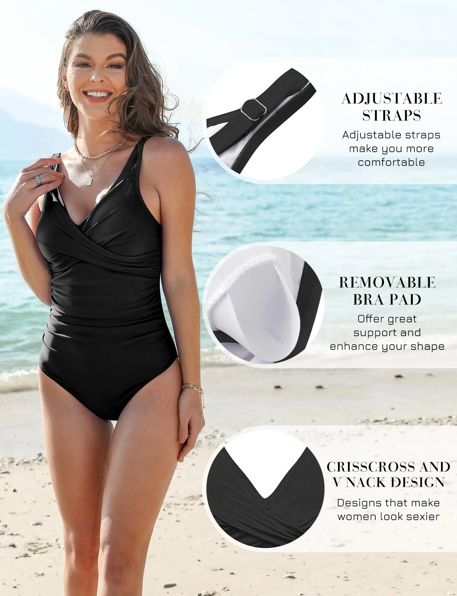 ผู้หญิง One Piece ชุดว่ายน้ํา Tummy Control ชุดว่ายน้ําสําหรับสตรี V คอ Criss Cross Ruched Push Up ชุดว่ายน้ํากระชับสัดส่วน