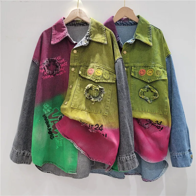 Women Design Heavy Industry Hand-painted Graffiti Loose Versatile Denim Jacket Street Splicing Contrasting Jean Coat Shirt Top