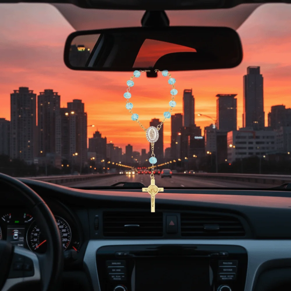 Cross Pendant Car Rosary Beaded Steering Wheel Compatible Car Hanging Ornament Rearview Mirror Hanging Cross Pendant Hanging view 2