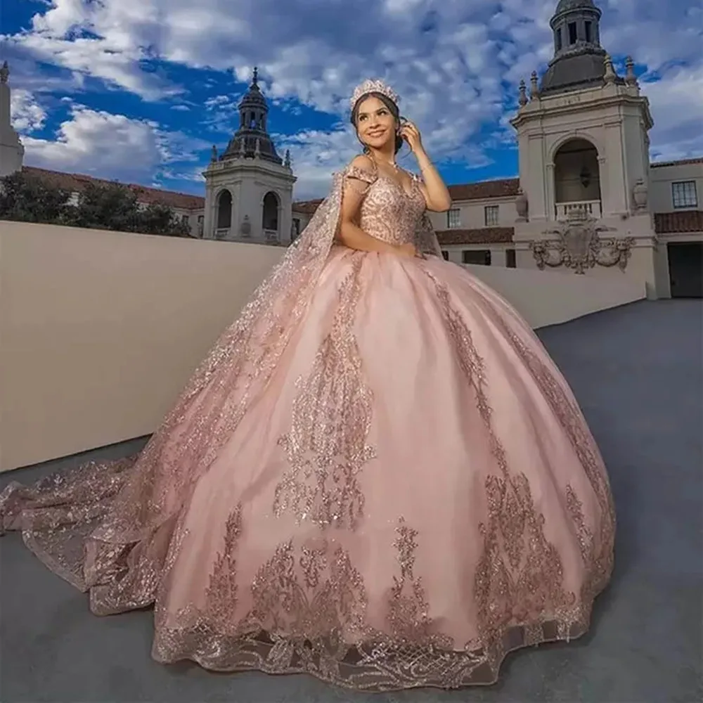 Vestido De quinceañera con apliques De cristal rosa, Vestido De baile con espalda abierta, capa desmontable, escote corazón, sin mangas, 15 y 16 años