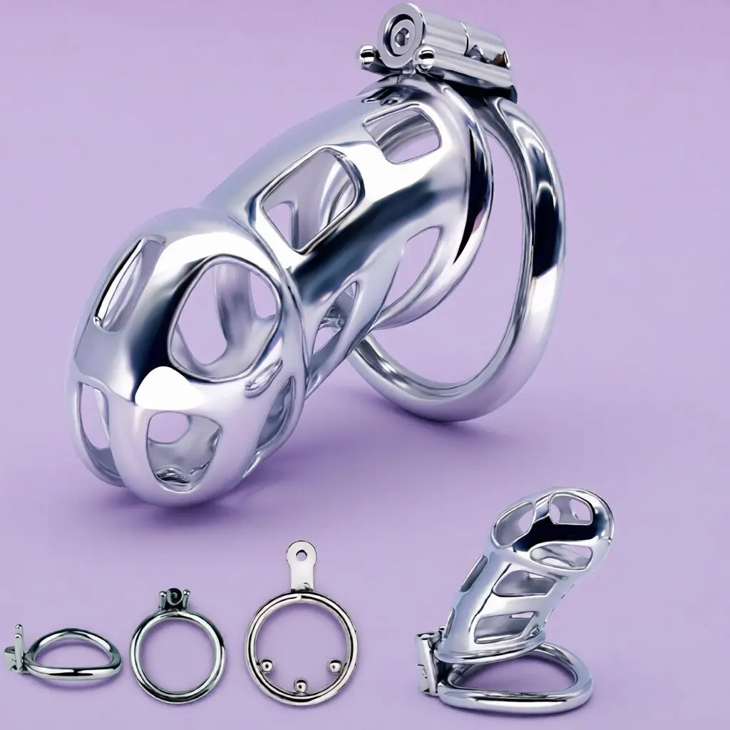 LUUK 304 Stainless Steel Male Chastity Cage Device Penis Bondage Cock Cage with Belt and Four Size Rings BDSM Adult Sex Toy