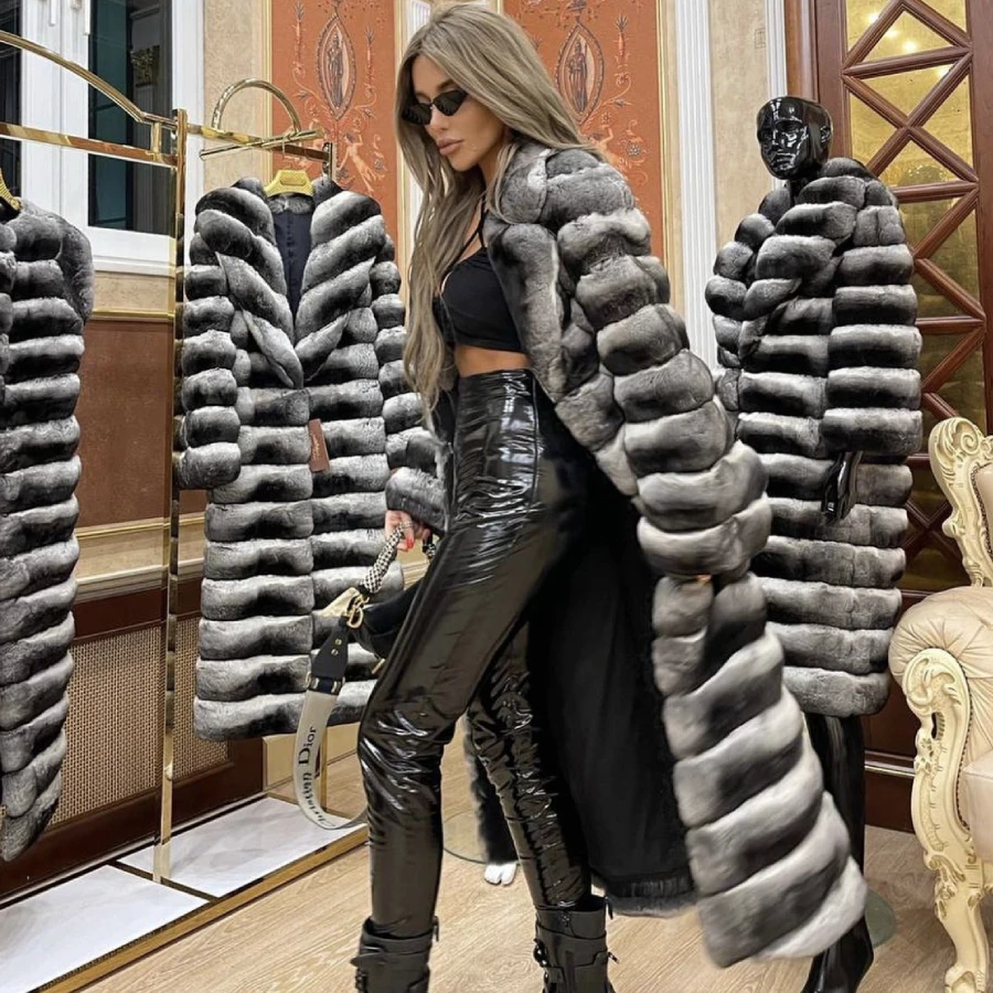 Rex Rabbit Fur Coat Chinchilla Real Fur Coat Women Luxury 2024 Hot Selling Short Sleeve Fur Jacket