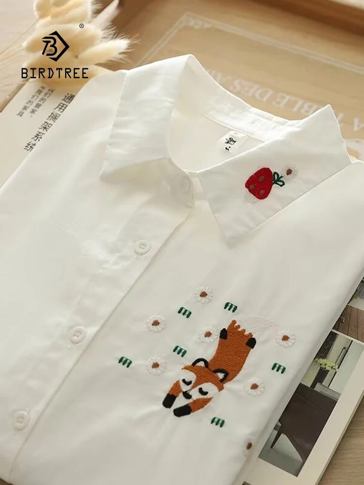 New Spring Cotton Embroidery Sweet Shirt Women Short Sleeve Lapel Tops Girl Loose Commute Casual Blouses 2024 Summer T45601QC