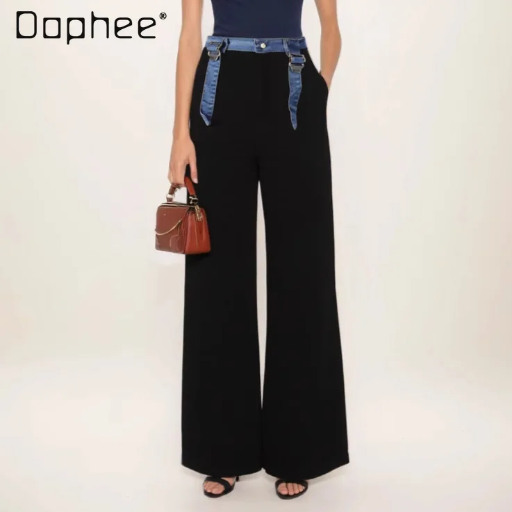

Temperament Retro Denim Streamer Splicing Straight-leg Pants Women Autumn New Contrasting Color High-waisted Casual Trousers