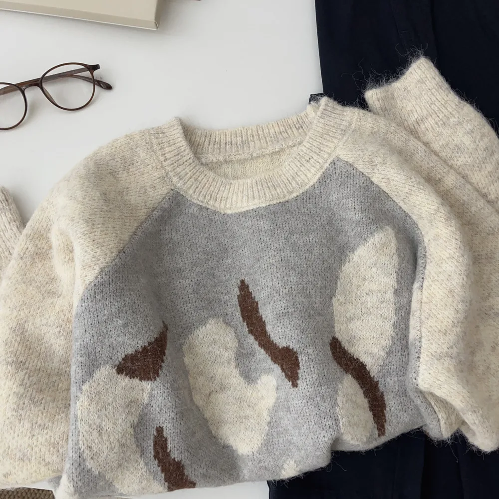 Koreaanse stijl met raglanmouwen, eenvoudige ronde hals, verdikte trui, losse, casual, veelzijdige top voor dames