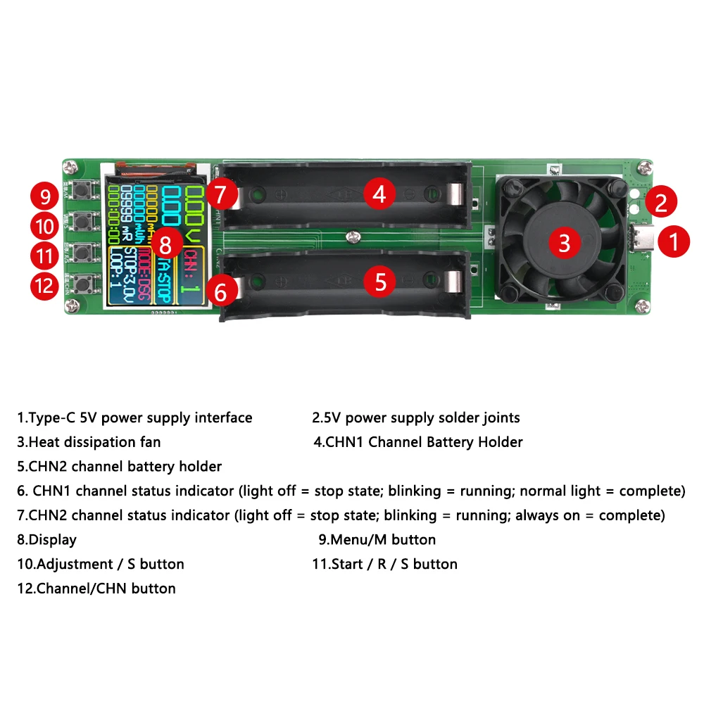 2/4CH Battery Capacity Internal Resistance Tester Type-C Lithium Battery Power Detector Module 18650Battery Test Digital Display