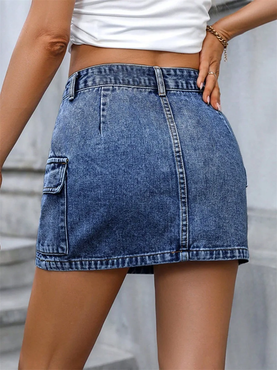 Women's Denim Bodycon Short Skirts Summer Solid Color Multi-Pockets Package Hip Pencil Mini Skirts for Streetwear Trendy Punk