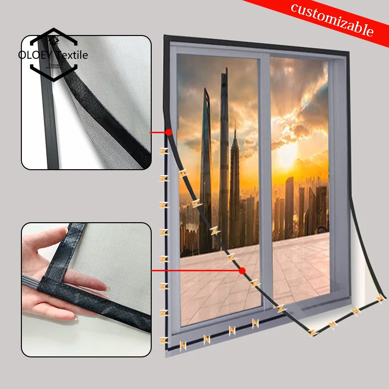 

Customizable black magnetic mesh window screen mosquito proof mesh, non perforated home curtains, simple invisible screen window