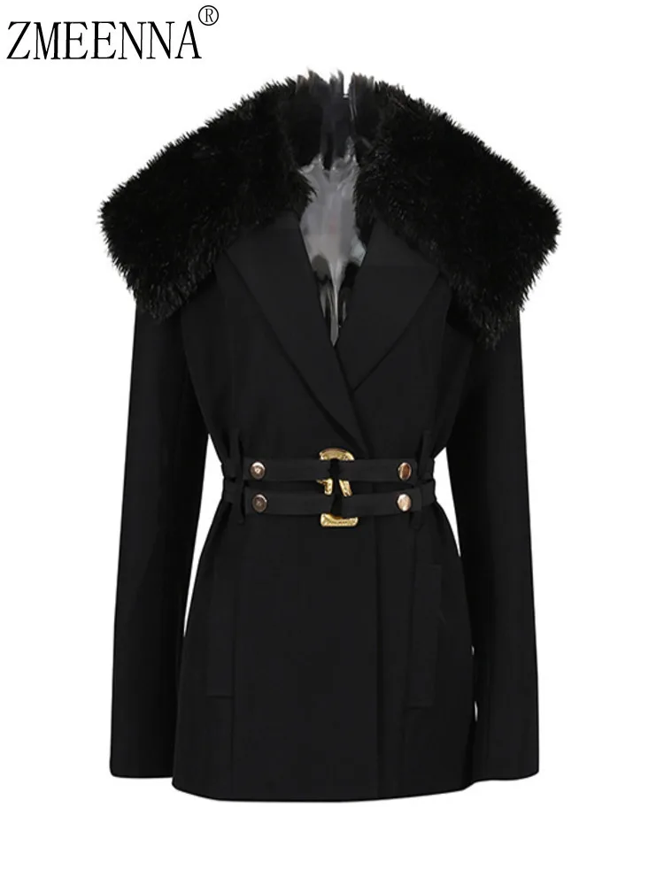 

ZMEENNA Women's Black Winter Coat Elegant Faux Fur Collar Double Buckle Belted Waist Warm And Stylish Outerwear ZM3976