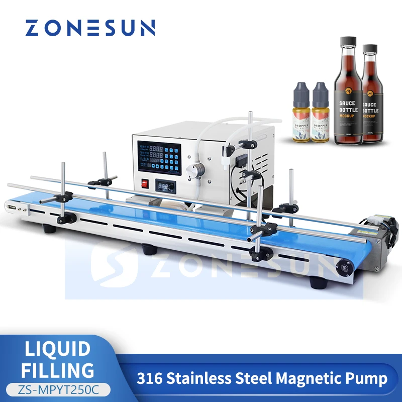 

ZONESUN Automatic Liquid Bottle Filling Machine Juice Filler Magnetic Pump Conveyor Small Scale Production ZS-MPYT250C