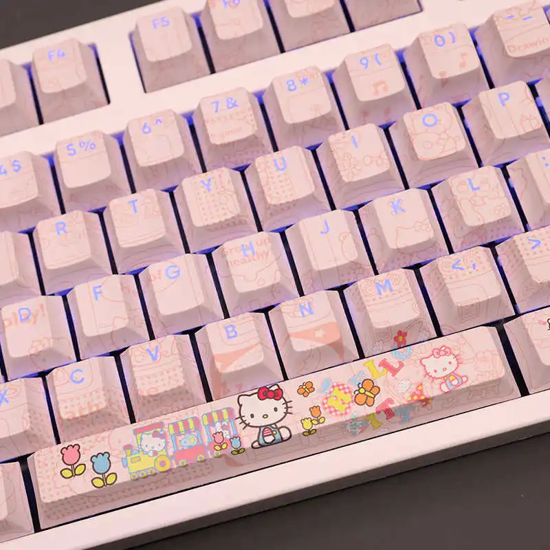 Kawaii Sanrio Hello Kitty Pink Keycaps 180 Keys PBT Cherry Profiled Character Translucent MX Switch Gaming Mechanical Keyboard