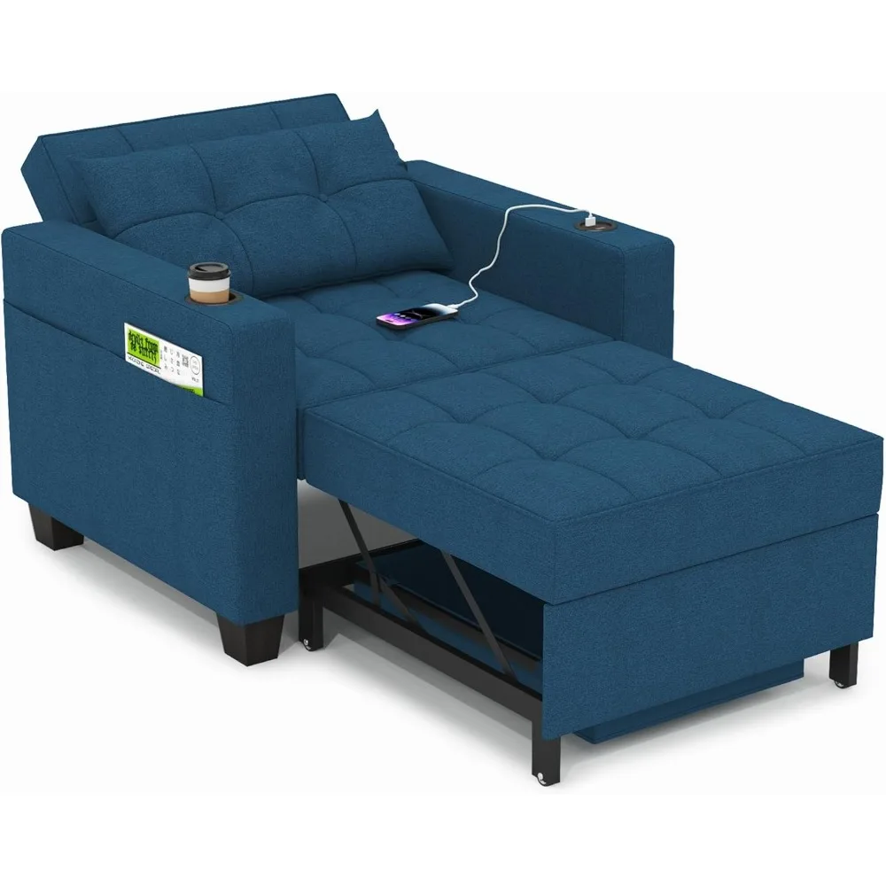 

36.6" 3-in-1 Sleeper Chair - Convertible Pull-Out Bed with USB Ports, Side Pocket & Cup Holder, Adjustable Armchair Sofa