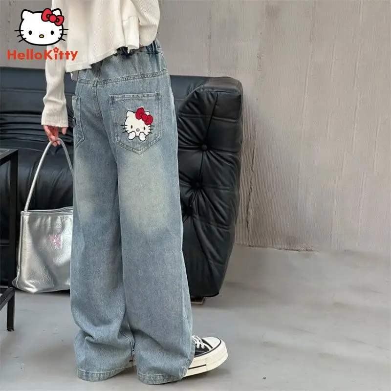 Calças jeans Kawaii Hello Kitty para meninas, calças jeans finas, estilo rua, calças retas hip hop, calças largas, presente de moda primavera e outono