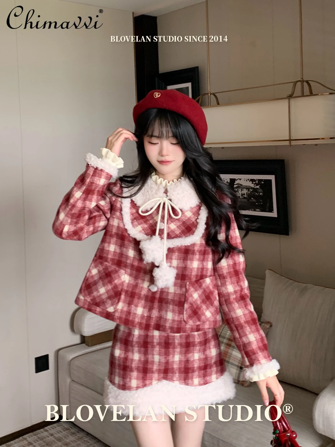

French Sweet Socialite Christmas Skirts Suit Lapel Single-breasted Plaid Woolen Jacket High Waist Slim Skirt Two-piece Set Women