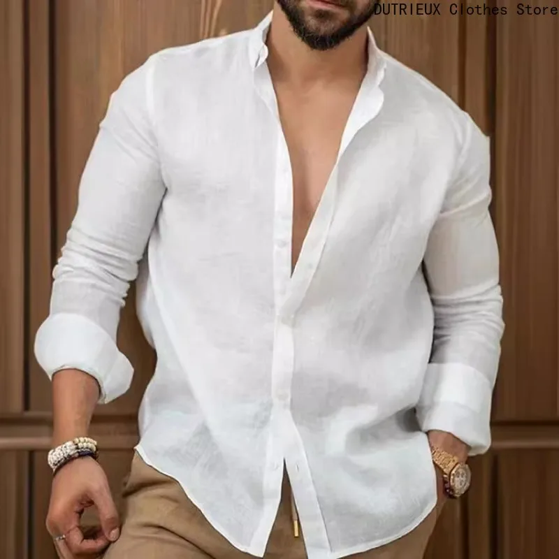 

Solid Color Cotton Linen Plain Shirt Men Classic Button-up Lapel Long Sleeve Shirts Spring Autumn Fashion Loose Mens Top Shirts