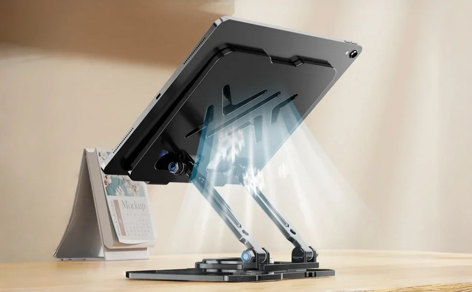 Verstellbarer, drehbarer Doppelstangen-Tablet-Halter aus Kohlenstoffstahl für den Schreibtisch, geeignet für 4,7–16,5 Zoll iPad-Tablets, tragbare Monitore und Kindle. – Detail 3