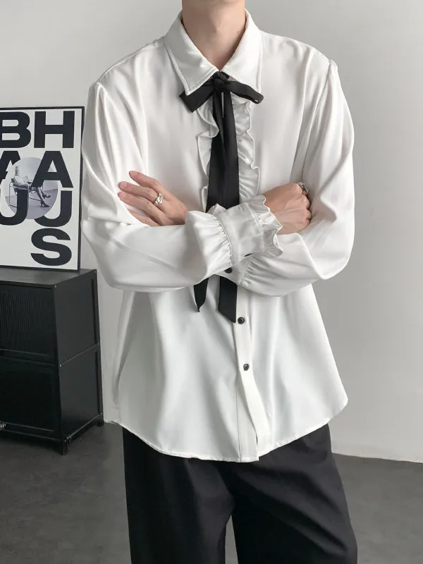 

White Long Sleeve Shirt New Chinese Style Simple Design Men Women Collar Tie Spring Fashion Leaf Soft Luster Breathable