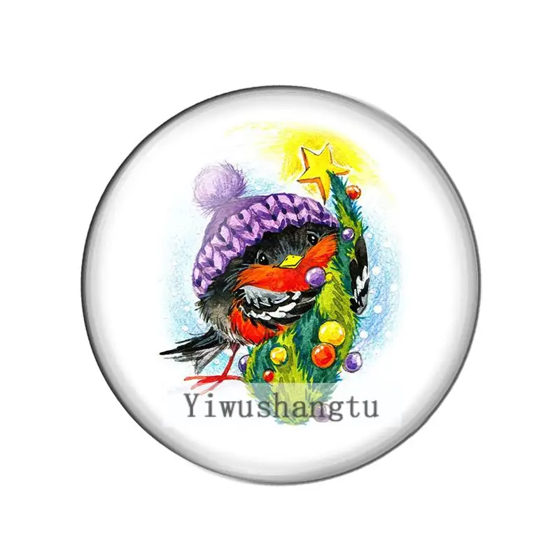 Cute happy bird merry christmas art painting 12mm/20mm/25mm/30mm Round photo glass cabochon demo flat back Making findings