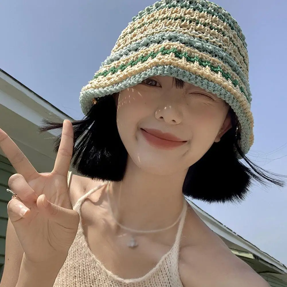 Summer Colorful Woven Buket Hat INS Japanese Women Sweet Straw Hat Trendy Hollow Beach Knitted Sun Hat All-match Fisherman Cap