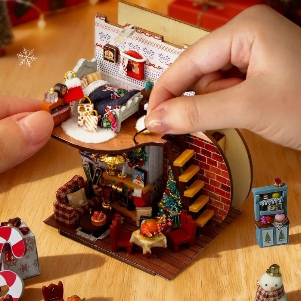 Wooden Christmas Stocking with Furniture Glowing with LED Lights DIY Christmas Cottage Model Handmade Miniature House Kit