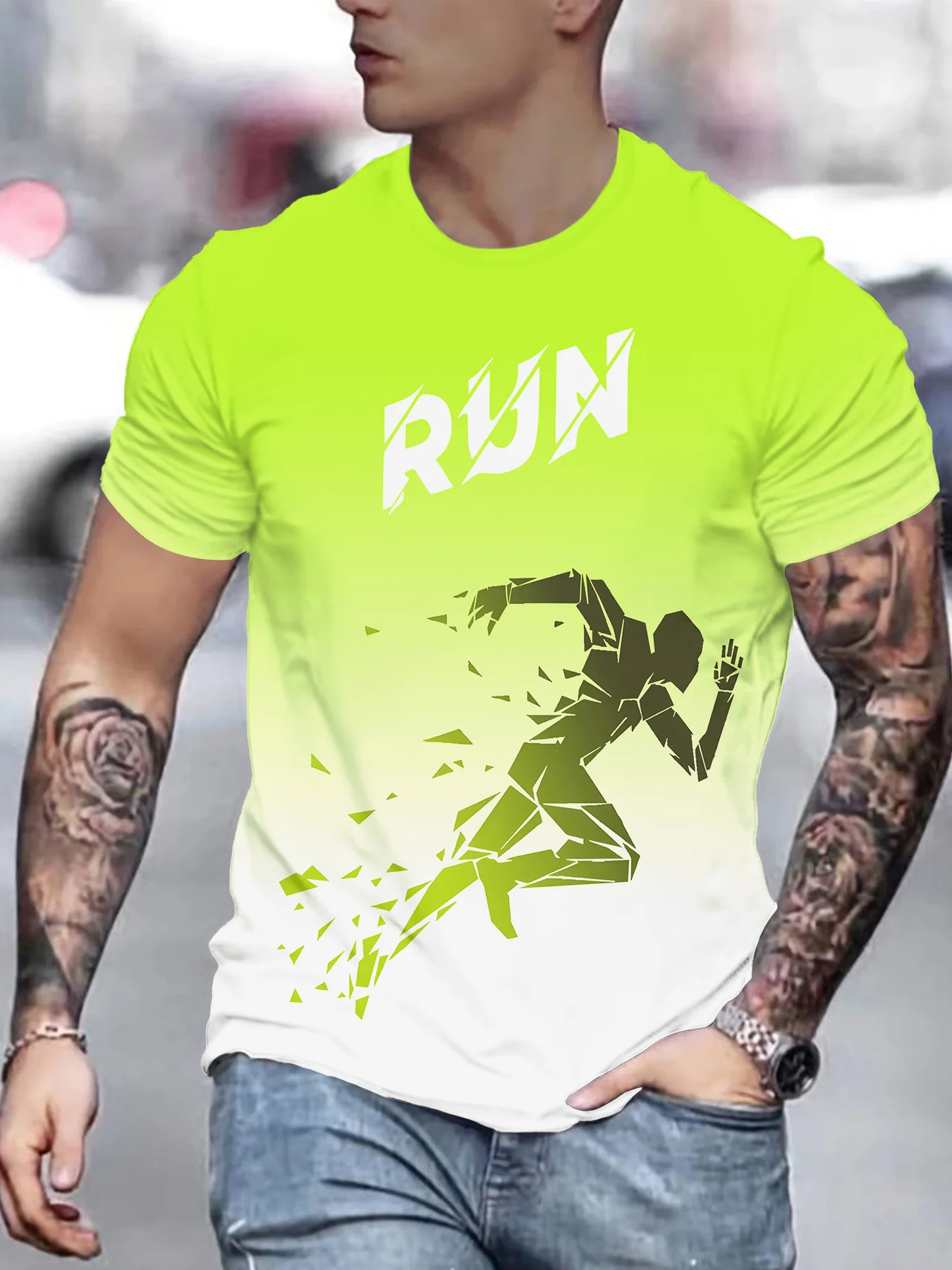 Men'S Short-Sleeve T-Shirt with a Fluorescent Green Gradient Running Silhouette, Perfect for Active And Casual Wear
