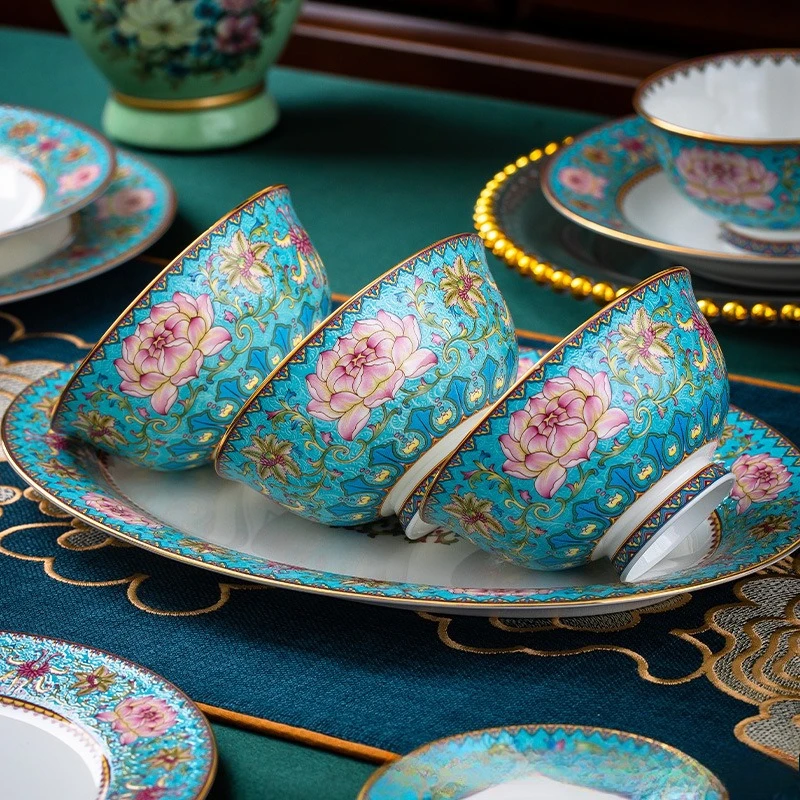 Dish set Household Chinese enamel color bone china tableware High-end gifts Household bowl combination