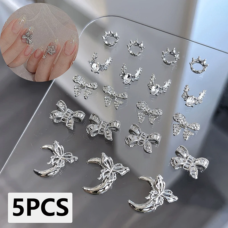 Metal Bow Knot Nail Charms, 3D Decorações prego, liga prateada Acessórios, Manicure Rhinestone, Jóias Diamante, Nail Art Salon, 5pcs