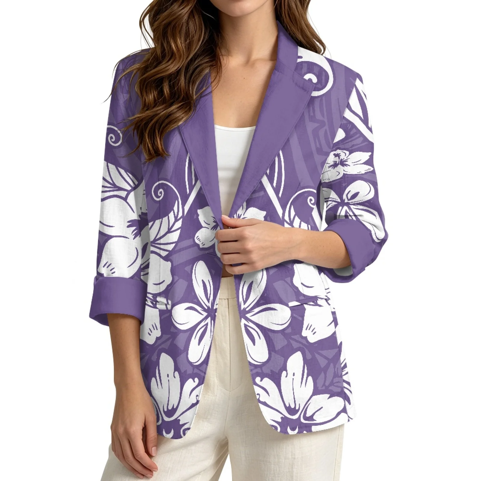 PENSTROLL Purple White Floral Linen Style Business Jacket, Casual Layering Top Sizes S-3XL for Women Daily Vacation Wear