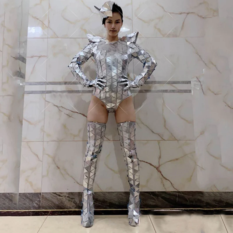 Mirror Costume Silver Reflective Lens Bodysuit Boots Covers Singer  Party  Show Stage Dance Cloth