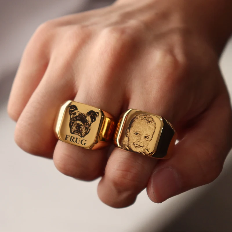 

Custom Stainless Steel Round Signet Punk Family Ring Customized Photo Portrait Logo Finger Rings Polished Fashion Unisex Jewelry