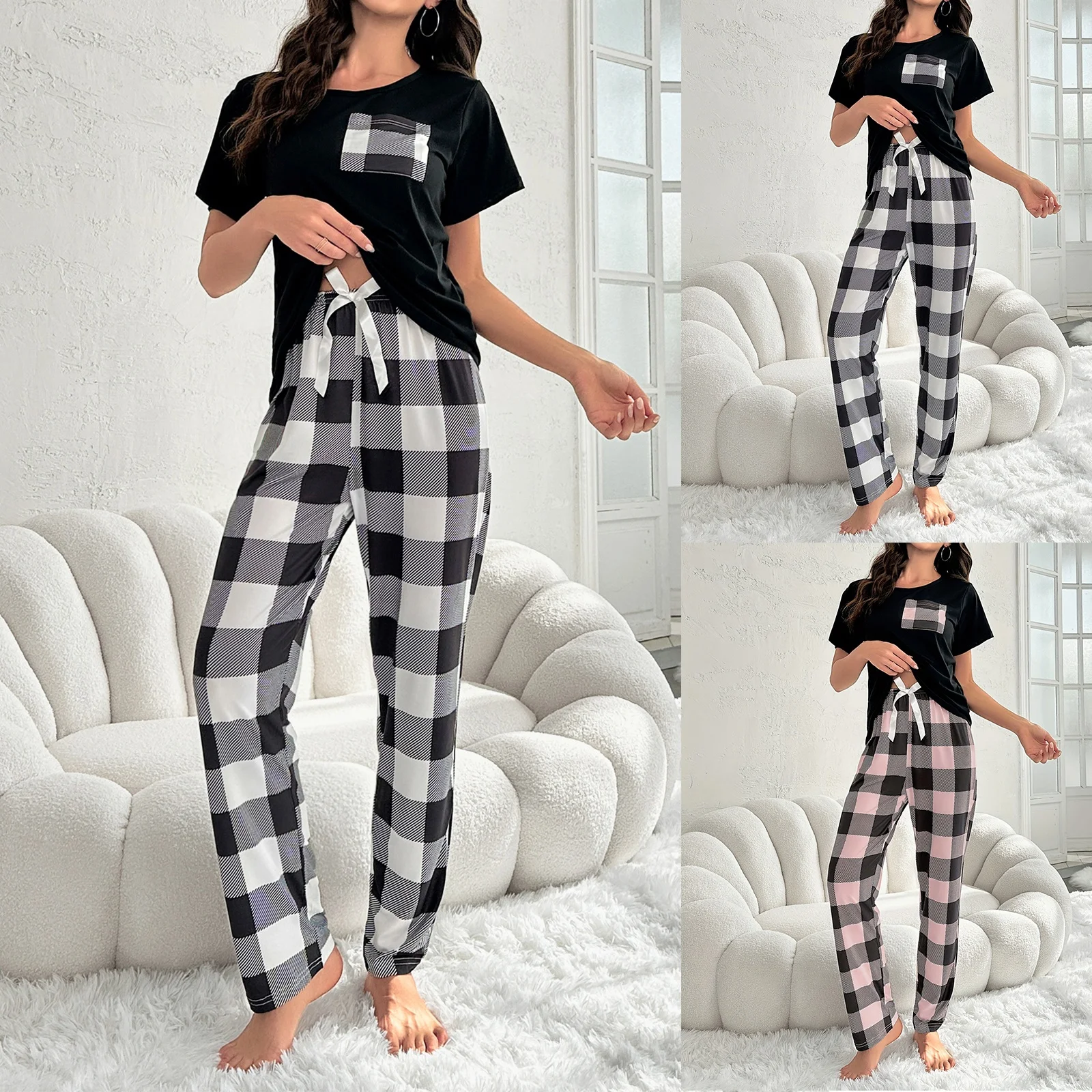 

Lady Comfortable Trendy Pajama Set Casual Plaid Pants Solid Color Tops Home Sleepwear Set Women Family Daily Cozy Wearing