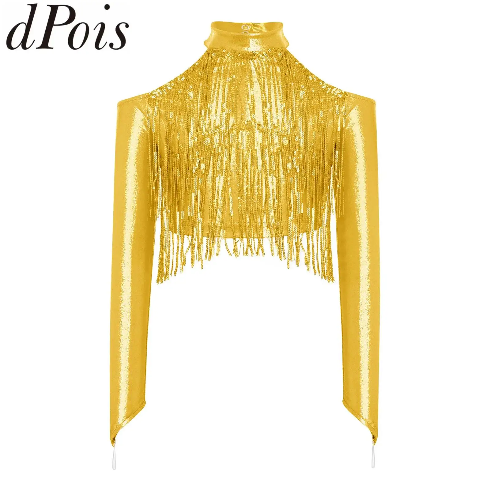 

Детский танцевальный костюм для девочек: топ для джаза, бель-танго, латины, ча-ча-ча с открытыми плечами, длинными рукавами, блестками и бахромой