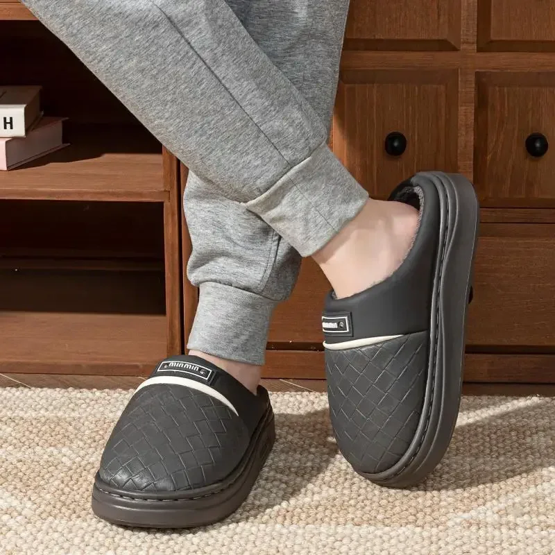 Slippers Men Winter Comfort Fashion Big Size Pu Leather Waterproof Fuzzy Lined Soft Bottom House Slide Light Fluffy Casual Shoes