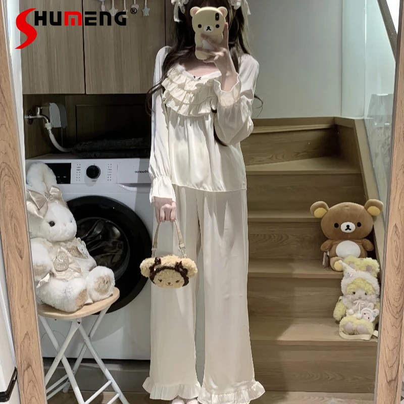 

French Ruffle Princess Style Homewear for Women Long Sleeve Spring Autumn Pajamas Female Japanese Style Ice Silk Sleep Sets