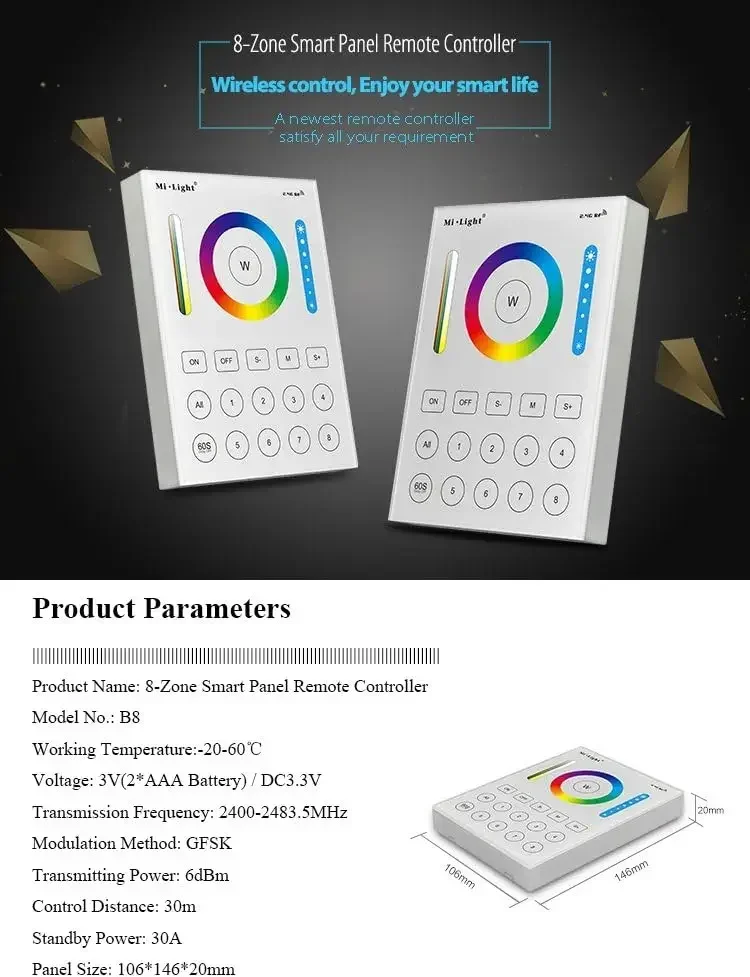 *Miboxer (WiFi +2.4G) 5 in 1 LED Strip Controller WL5 /2.4G 8 Zone RGBCCT Wall-mounted Touch Panel B8