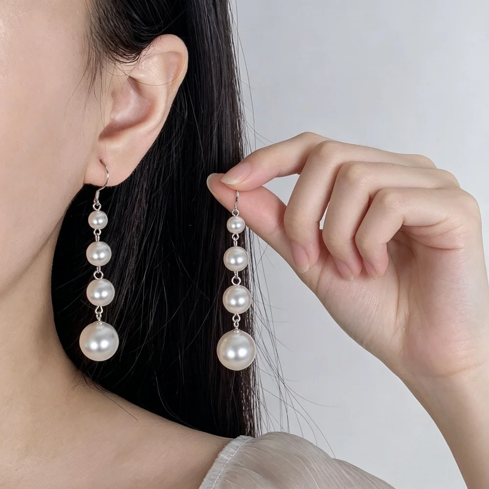 Long Pearl Drop Earrings for Women 925 Silver Hook Graduated Pearl Tassel Earrings Wedding Bridal Jewelry Gift