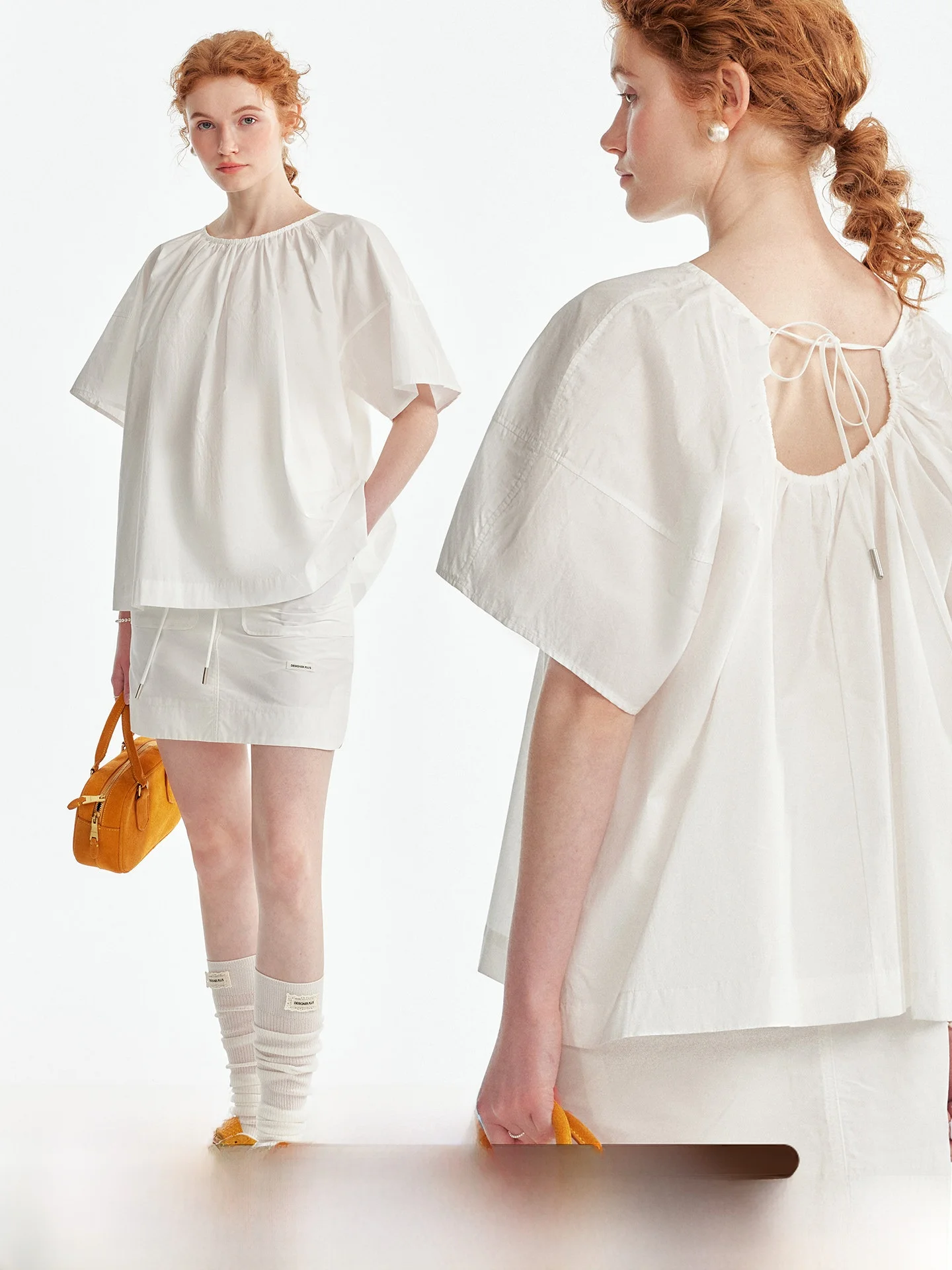 

Белая хлопковая блузка-бэбидолл с пышными рукавами и поясом, круглый вырез, для невысоких женщин, дышащая, для повседневной носки