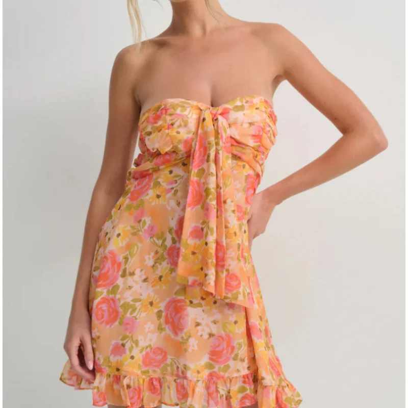 Europejska i amerykańska nowa francuska sukienka bez ramiączek w kwiaty, półprzezroczysta, o kroju litery A