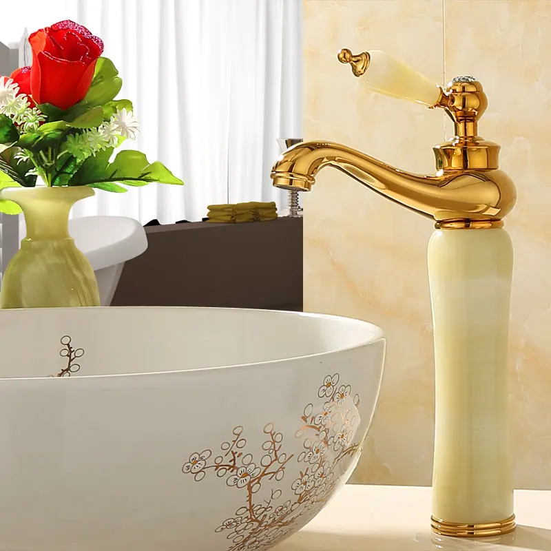 

Bathroom Basin Faucet - Jade Gold, Tall Design, Vanity Vessel Sink Mixer - Cold and Hot Water Tap - Washbasin Faucet, AZ